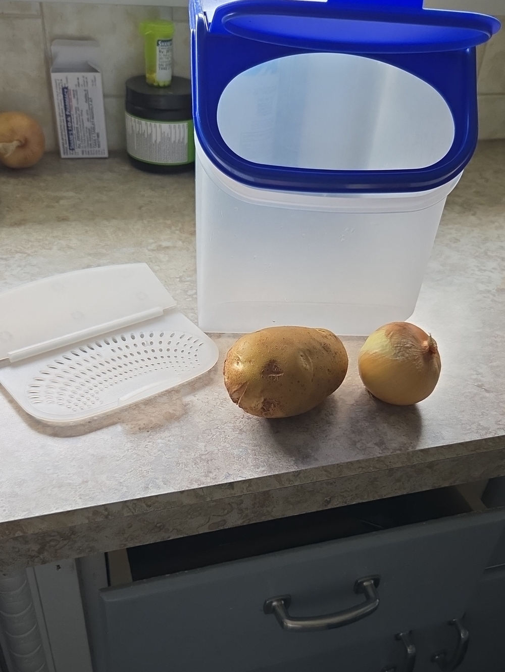 Tupperware Blue and White Food Storage Container with Removable Strainer